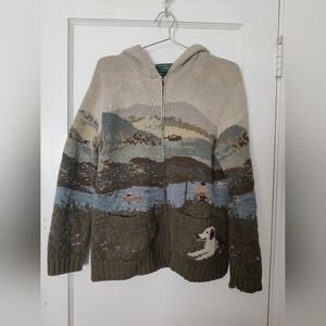 Vintage Ralph Lauren Hand Knit Lambswool Hooded Jacket Dog Horse Size Small